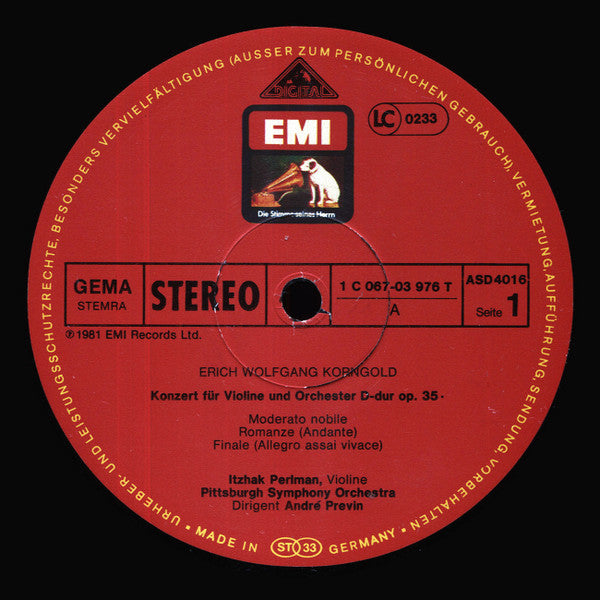 Itzhak Perlman — Erich Wolfgang Korngold / Julius Conus — André Previn - Pittsburgh Symphony Orchestra : Korngold: Concerto In D, Conus: Concerto In E Minor (LP)