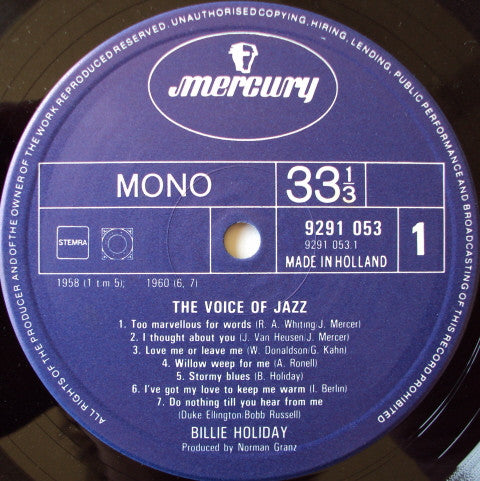 Billie Holiday : The Voice Of Jazz (LP, Comp, Mono)
