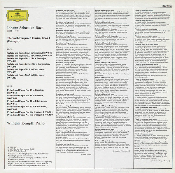 Johann Sebastian Bach, Wilhelm Kempff : The Well-Tempered Clavier Book 1 (Excerpts) (LP)