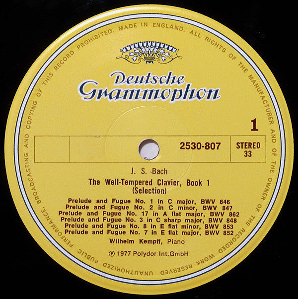 Johann Sebastian Bach, Wilhelm Kempff : The Well-Tempered Clavier Book 1 (Excerpts) (LP)