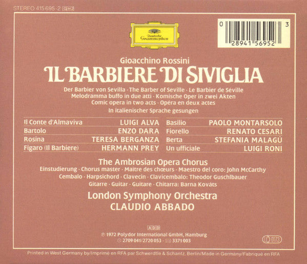 Gioacchino Rossini - Hermann Prey, Teresa Berganza, Luigi Alva, Enzo Dara, Paolo Montarsolo, London Symphony Orchestra, Claudio Abbado : Il Barbiere Di Siviglia (2xCD, Album, RE, RM + Box, Sli)
