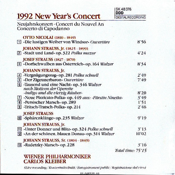 Carlos Kleiber, Wiener Philharmoniker : 1992 New Year’s Concert In The 150th Jubilee Year Of The Wiener Philharmoniker (CD, Album)