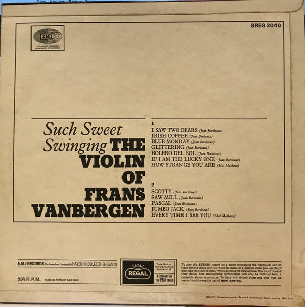 Frans Van Bergen : Such Sweet Swinging (The Violin Of Frans Vanbergen) (LP, Album)