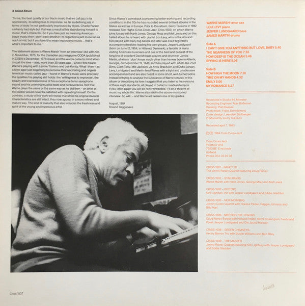 Warne Marsh Quartet Featuring Lou Levy : A Ballad Album (LP, Album)