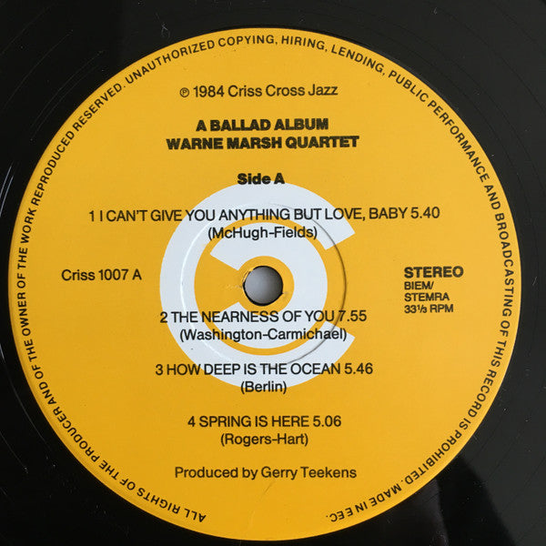 Warne Marsh Quartet Featuring Lou Levy : A Ballad Album (LP, Album)
