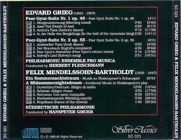 Edvard Grieg & Felix Mendelssohn-Bartholdy - Philharmonic Ensemble Pro Musica, Herbert Fleischmann (2), Süddeutsche Philharmonie, Hanspeter Gmür (2) : Peer-Gynt-Suite Nr. 1 Op. 46, Peer-Gynt-Suite Nr. 2 Op. 55, Ein Sommernachtstraum (CD, Comp)