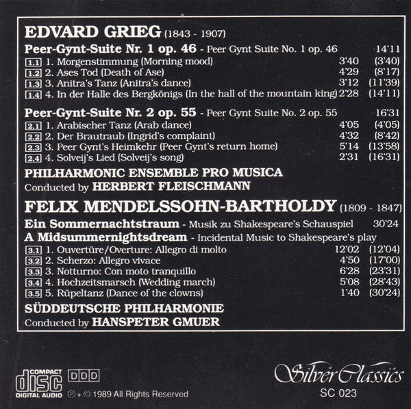 Edvard Grieg & Felix Mendelssohn-Bartholdy - Philharmonic Ensemble Pro Musica, Herbert Fleischmann (2), Süddeutsche Philharmonie, Hanspeter Gmür (2) : Peer-Gynt-Suite Nr. 1 Op. 46, Peer-Gynt-Suite Nr. 2 Op. 55, Ein Sommernachtstraum (CD, Comp)