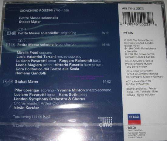 Gioacchino Rossini - Luciano Pavarotti, Mirella Freni, Pilar Lorengar, Yvonne Minton, Lucia Valentini Terrani, Hans Sotin, Ruggero Raimondi : Petite Messe Solennelle / Stabat Mater (2xCD, Comp, RM)