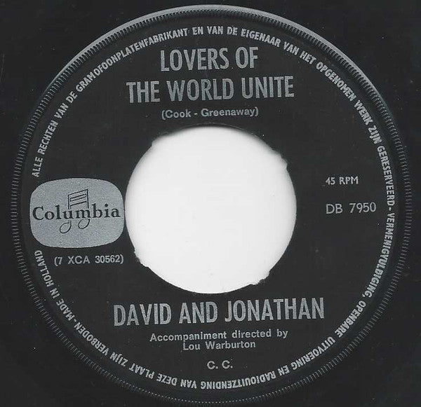 David & Jonathan : Lovers Of The World Unite (7", Single)