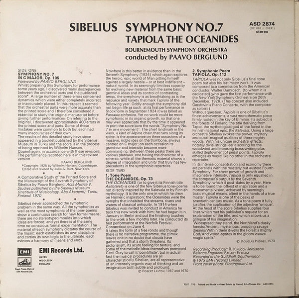 Jean Sibelius / Bournemouth Symphony Orchestra / Paavo Berglund : Symphony No. 7 / Tapiola / The Oceanides (LP)