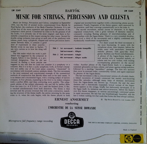 Bartok*, Ansermet* ,  L'Orchestre De La Suisse Romande : Music For Strings, Percussion And Celesta (10")