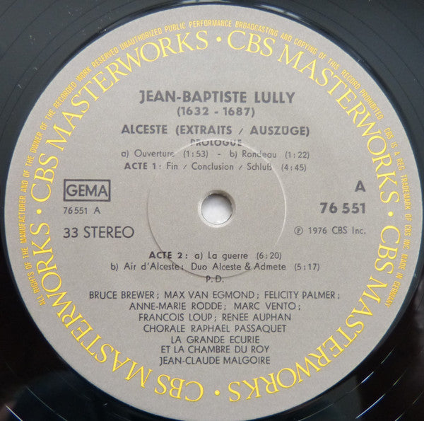 Jean-Baptiste Lully - Jean-Claude Malgoire • La Grande Ecurie Et La Chambre Du Roy : • A • L • C • E • S • T • E • (Extraits / Auszüge) (LP)
