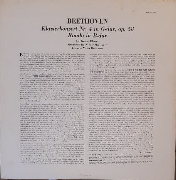 Ludwig van Beethoven / Lili Kraus / Orchester Der Wiener Staatsoper , Leitung:  Victor Desarzens : Klavierkonzert Nr. 4 In G-Dur / Rondo In B-Dur Für Klavier Und Orchester (LP, Mono)