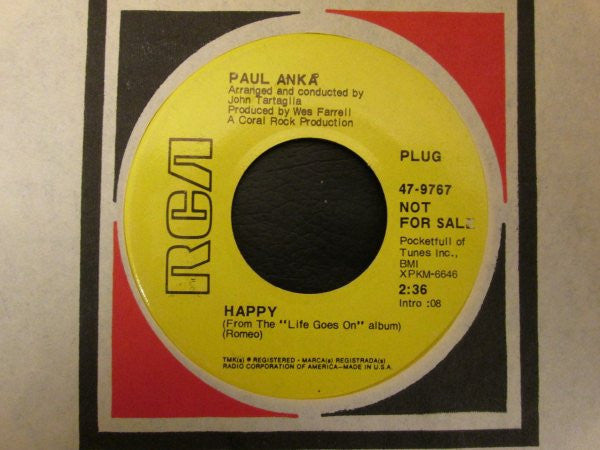 Paul Anka : Happy / Can't Get You Out Of My Mind  (7", Single, Promo)