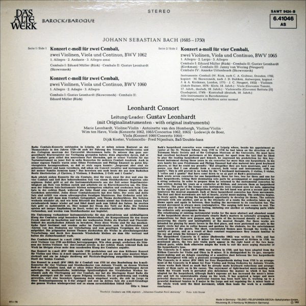 Johann Sebastian Bach - Leonhardt-Consort : Konzerte Für Zwei Und Vier Cembali / Concertos For Two And Four Harpsichords (LP, Album)