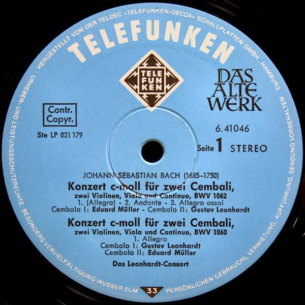 Johann Sebastian Bach - Leonhardt-Consort : Konzerte Für Zwei Und Vier Cembali / Concertos For Two And Four Harpsichords (LP, Album)