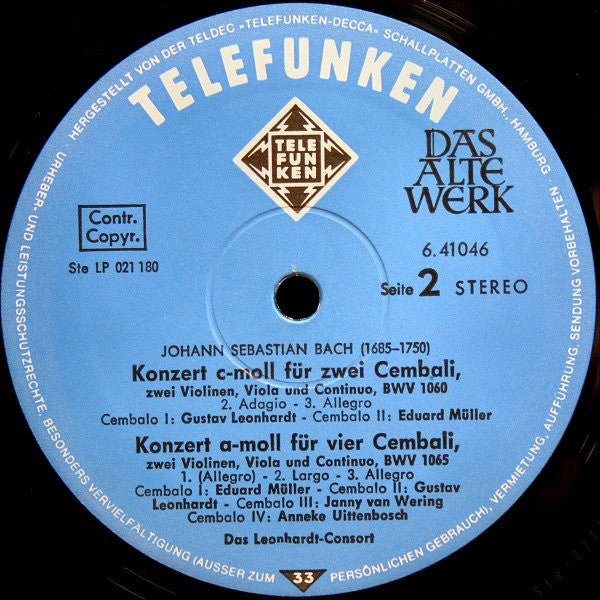 Johann Sebastian Bach - Leonhardt-Consort : Konzerte Für Zwei Und Vier Cembali / Concertos For Two And Four Harpsichords (LP, Album)