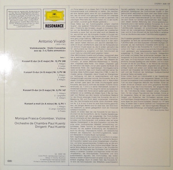 Antonio Vivaldi - Monique Frasca-Colombier, Paul Kuentz, Orchestre De Chambre Paul Kuentz : Violinkonzerte (LP, RE)