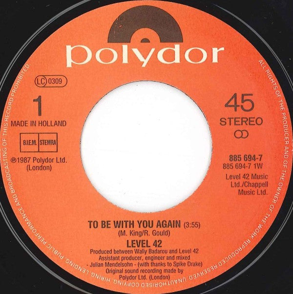 Level 42 : To Be With You Again (7", Single)