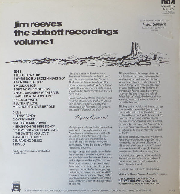 Jim Reeves : The Abbott Recordings Volume 1 (LP, Comp, Mono)