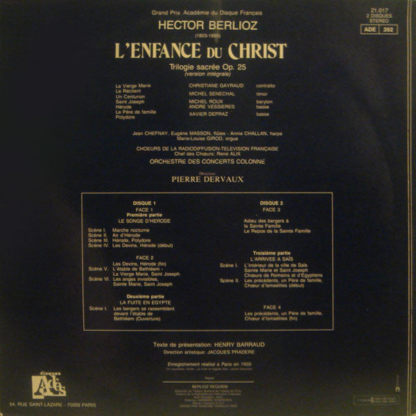 Hector Berlioz - Christiane Gayraud / Michel Senechal* / Michel Roux / Andre Vessieres* / Xavier Depraz / Chœurs De La Radiodiffusion-Television Française* / Orchestre Des Concerts Colonne* / Pierre Dervaux (2) : L'Enfance Du Christ (2xLP, Album, RE)