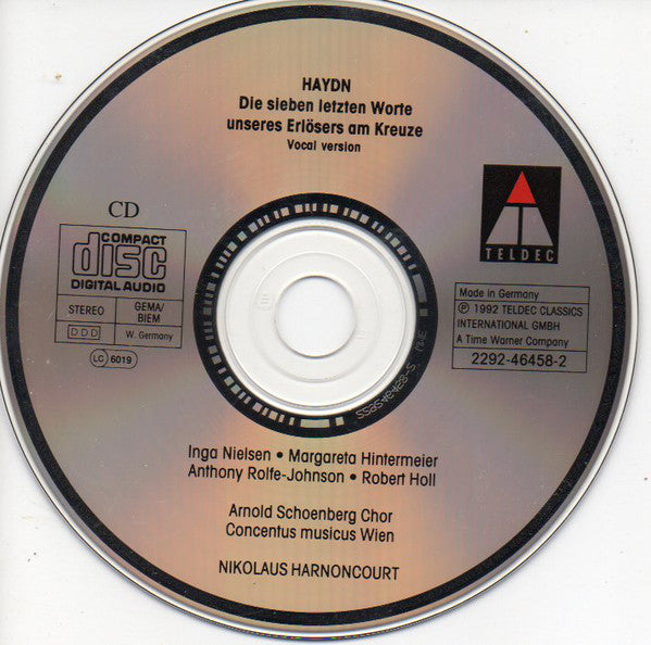 Haydn* - Nielsen* •  Hintermeier* •  Holl* •  Rolfe-Johnson* •  Arnold Schoenberg Chor •  Concentus Musicus Wien •  Harnoncourt* : Die Sieben Letzten Worte Unseres Erlösers Am Kreuze (CD, Album)