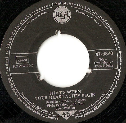 Elvis Presley With The Jordanaires : All Shook Up / That's When Your Heartaches Begin (7", Single)