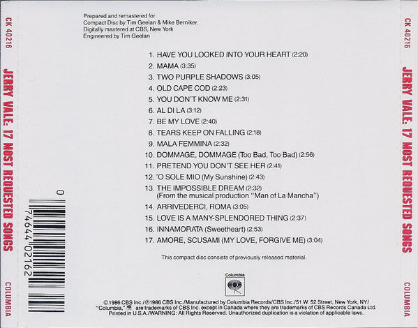 Jerry Vale : 17 Most Requested Songs (CD, Comp, RM, RP)