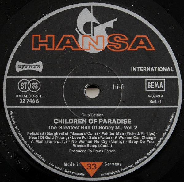 Boney M. : Children Of Paradise - The Greatest Hits Of - Volume 2 (LP, Comp, Club)