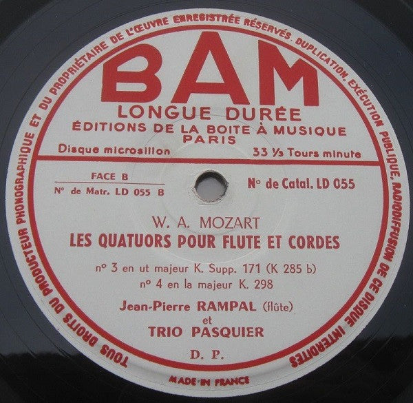 Wolfgang Amadeus Mozart, Jean-Pierre Rampal Et Trio Pasquier : Quatre Quatuors Pour Flûte Et Cordes (LP, Mono, RE)