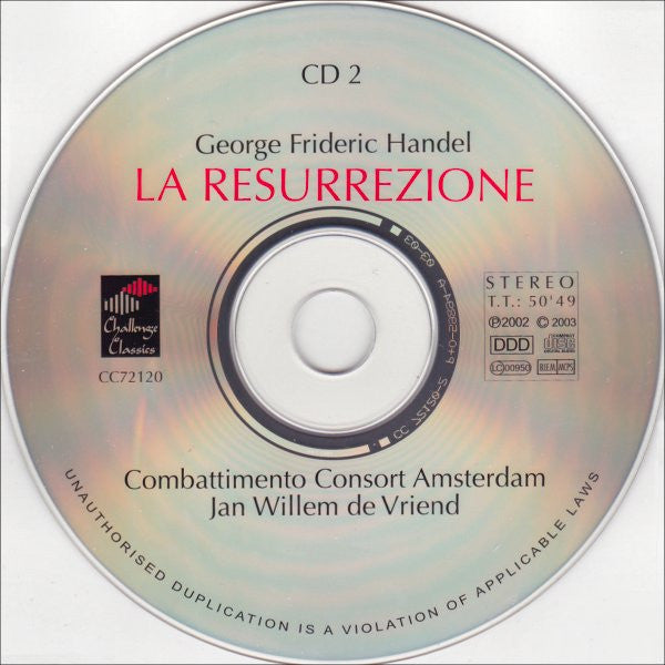 Georg Friedrich Händel - Combattimento Consort Amsterdam • Jan Willem de Vriend • Nancy Argenta • Maria Cristina Kiehr • Marijana Mijanovic • Marcel Reijans • Klaus Mertens : La Resurrezione (Live Recording) (2xCD, Album)