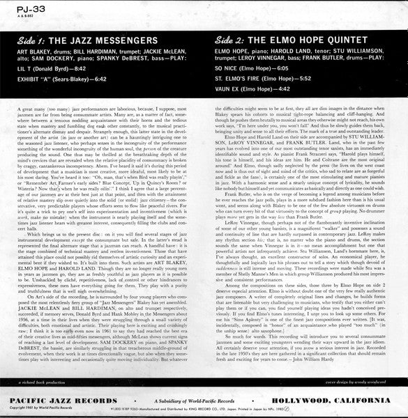Art Blakey & The Jazz Messengers / The Elmo Hope Quintet* Featuring Harold Land : Art Blakey & The Jazz Messengers / The Elmo Hope Quintet Featuring Harold Land (LP, Album, Comp, Mono, RE)
