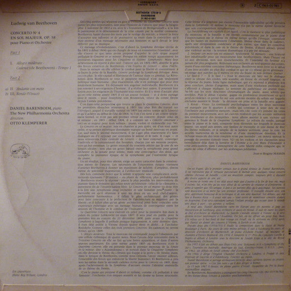 Ludwig Van Beethoven - Daniel Barenboim, Otto Klemperer, New Philharmonia Orchestra : Concerto N°4 En Sol Majeur, Op. 58  (LP)