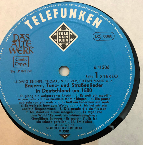 Ludwig Senfl • Thomas Stoltzer • Stefan Mahu • Studio Der Frühen Musik : Bauern-, Tanz- Und Straßenlieder In Deutschland Um 1500 (LP, RE)