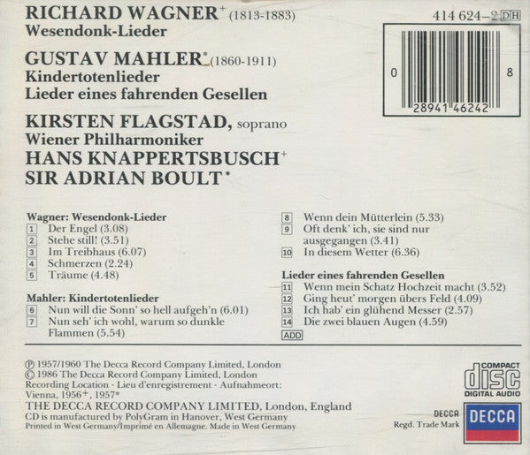 Kirsten Flagstad, Mahler*, Wagner*, Wiener Philharmoniker, Hans Knappertsbusch & Sir Adrian Boult : Kindertotenlieder / Lieder Eines Fahrenden Gesellen / Wesendonck Lieder (CD, Comp, RM)