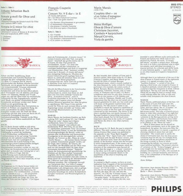 Johann Sebastian Bach / François Couperin / Marin Marais - Heinz Holliger • Christiane Jaccottet • Marçal Cervera : Werke Für Oboe Und Continuo / Works For Oboe And Continuo (LP, Album, RE)