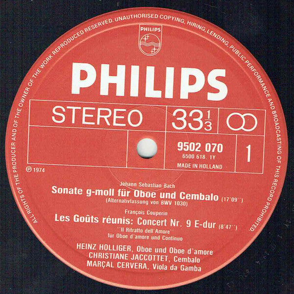 Johann Sebastian Bach / François Couperin / Marin Marais - Heinz Holliger • Christiane Jaccottet • Marçal Cervera : Werke Für Oboe Und Continuo / Works For Oboe And Continuo (LP, Album, RE)