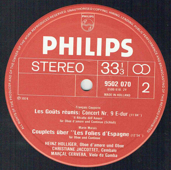 Johann Sebastian Bach / François Couperin / Marin Marais - Heinz Holliger • Christiane Jaccottet • Marçal Cervera : Werke Für Oboe Und Continuo / Works For Oboe And Continuo (LP, Album, RE)