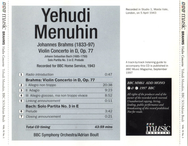 Yehudi Menuhin, BBC Symphony Orchestra, Sir Adrian Boult : Brahms Violin Concerto (CD, Album, Mono, Jew)
