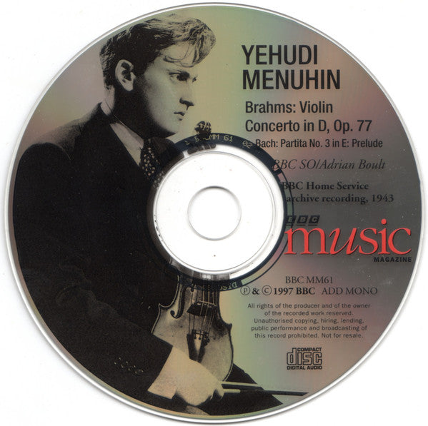 Yehudi Menuhin, BBC Symphony Orchestra, Sir Adrian Boult : Brahms Violin Concerto (CD, Album, Mono, Jew)