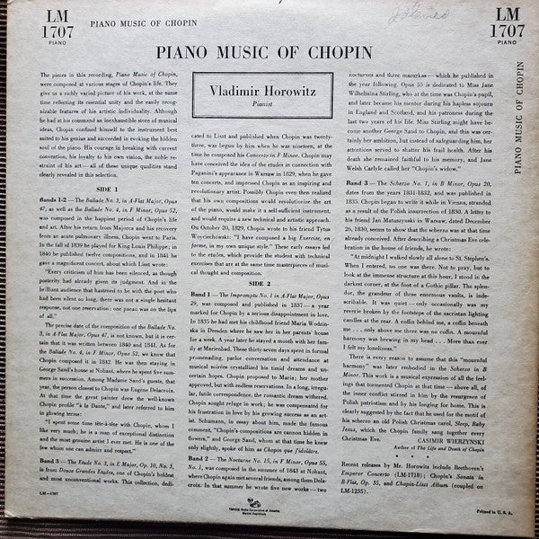 Vladimir Horowitz : Piano Music Of Chopin (LP, Mono)