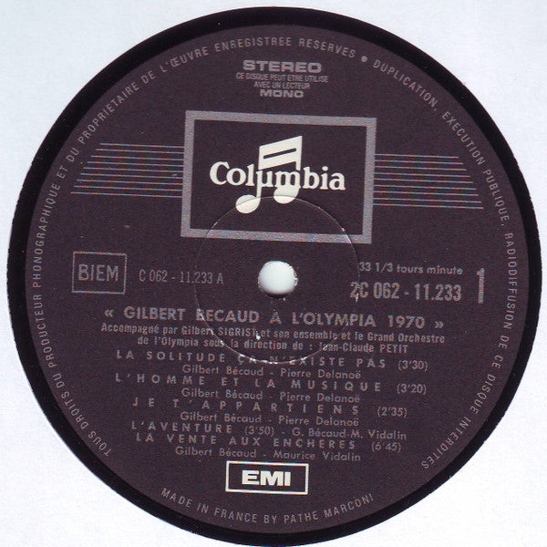 Gilbert Bécaud : Gilbert Bécaud A L'Olympia 1970 (LP, Album, Num, 1er)