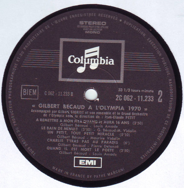 Gilbert Bécaud : Gilbert Bécaud A L'Olympia 1970 (LP, Album, Num, 1er)
