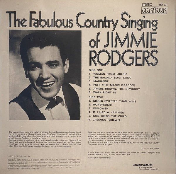 Jimmie Rodgers (2) : The Fabulous Country Singing of Jimmie Rodgers  (LP, Album)
