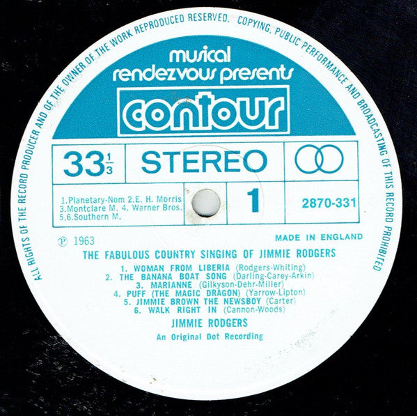 Jimmie Rodgers (2) : The Fabulous Country Singing of Jimmie Rodgers  (LP, Album)