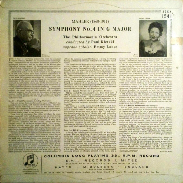 Gustav Mahler - Emmy Loose, Philharmonia Orchestra, Paul Kletzki : Symphony N° 4 (LP, Mono)