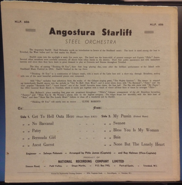 Mighty Sparrow, Angostura Starlift Steel Orchestra : Thinking of You While Listening to Starlift (LP, Album, Mono)