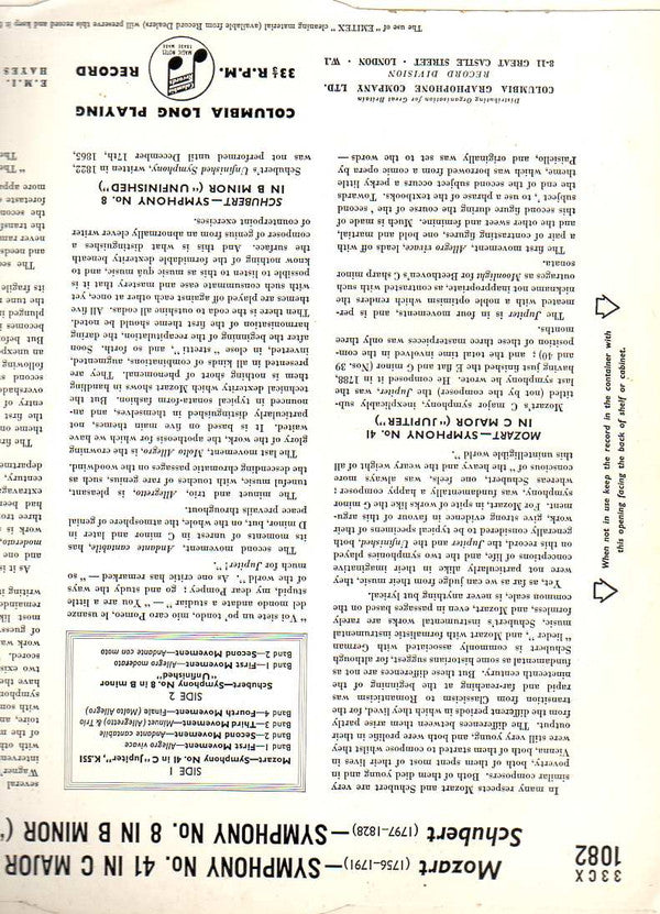 Bruno Walter cond. Philharmonic-Symphony Orchestra Of New York - Franz Schubert / Wolfgang Amadeus Mozart : Symphony No. 8 "Unfinished" / Symphony No. 41 "Jupiter" (LP, Album, Mono)