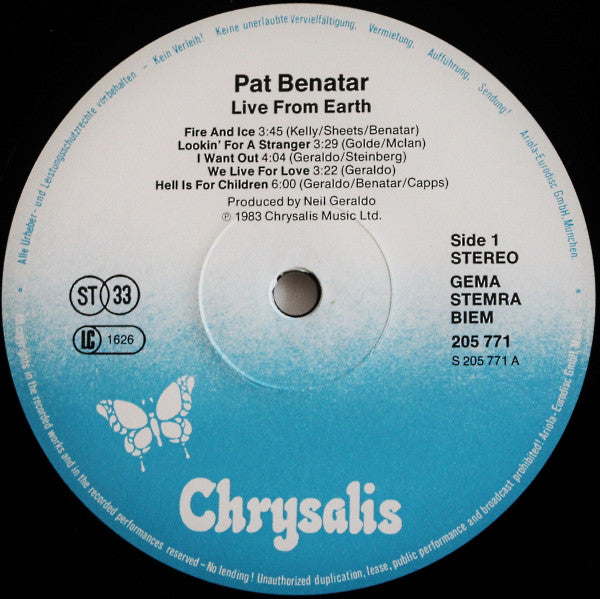 Pat Benatar : Live From Earth (LP, Album)