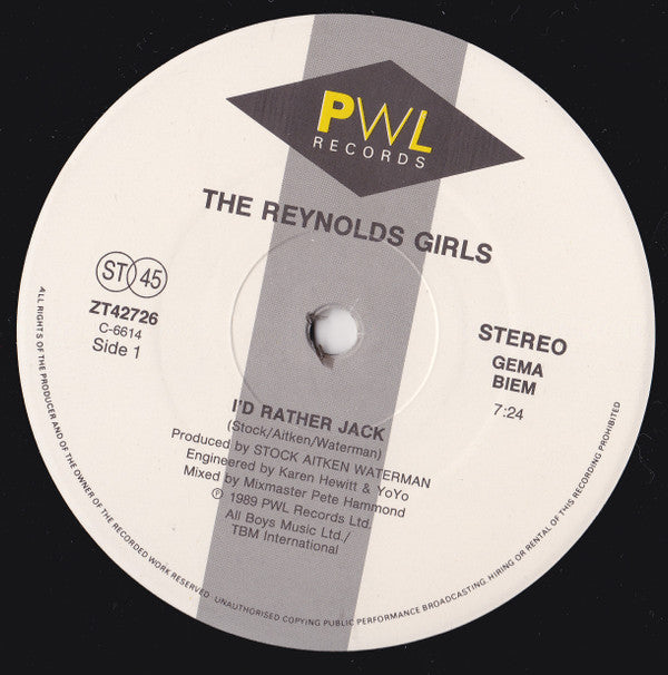 The Reynolds Girls : I'd Rather Jack (12", Maxi)